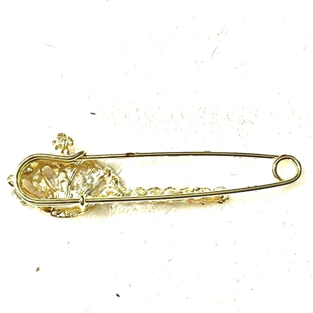 Gold Tone Princess Crown Safety Pin Brooch- Multi-colored Rhinestones
